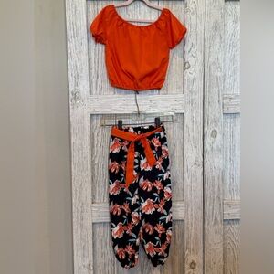 Orange Crop Top and Floral Pants Set sz 6/6X